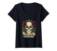 Donna Tatuaggio Gotico True Love Will Never Die Roses Maglietta con Collo a V