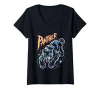 Donna Tatuaggio retrò Black Panther Cosmic Anni '80 Cat Leopard Jaguar Maglietta con Collo a V