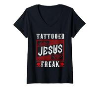 Donna Tatuaggio Tatuato di Gesù Freaks Maglietta con Collo a V