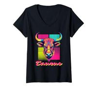 Donna Taurus Bull Neon Retro 80s Vaporwave Zodiac Graphic, Toro Maglietta con Collo a V