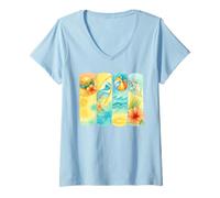 Donna Tavola da surf con scena estiva tropicale sulla spiaggia Seashell Hibiscus Maglietta con Collo a V
