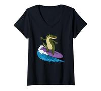 Donna Tavola da surf Ironic Crocodile Surfer Holiday Maglietta con Collo a V