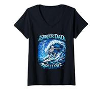 Donna Tavola da Surf Surfer Dad Skeleton Riding Wave Ocean Maglietta con Collo a V