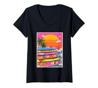 Donna Tavole da Surf con Tropical Summer e Retro Sunset 90s Dreamy Maglietta con Collo a V