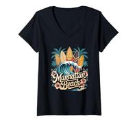 Donna Tavole da surf Manhattan Beach Retro South Bay Art Maglietta con Collo a V