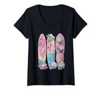 Donna Tavole da Surf Pastello con Conchiglie Tropical Summer Dreamy Art Maglietta con Collo a V