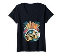 Donna Tavole da surf Pismo Beach Grafiche con Palme e Fiori Maglietta con Collo a V