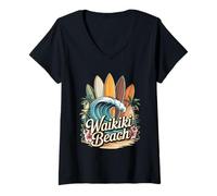 Donna Tavole da surf Waikiki Beach Wave Tropical Hawaii Vibes Maglietta con Collo a V