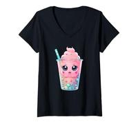 Donna Tazza Bubble Tea Carina con Perle Colorate Maglietta con Collo a V