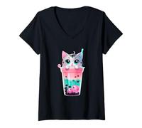 Donna Tazza Bubble Tea con Gattino e Perle Colorate Maglietta con Collo a V