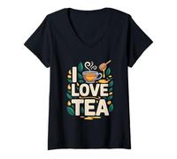 Donna Tazza con Motivo «I Love Tea», Motivo: Foglie di Miele Maglietta con Collo a V