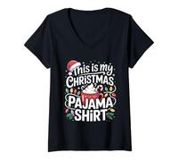 Donna Tazza con Scritta «This is My Christmas» Pajama Shirt, Color Cacao, Cappello da Babbo Natale Maglietta con Collo a V