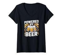 Donna Tazza di Birra Powered by Fun Drinking Party Maglietta con Collo a V