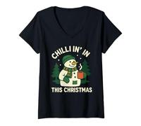 Donna Tazza Natalizia Chillin Snowman Shirt Oregon Cozy Tree Maglietta con Collo a V