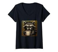 Donna Tazza Raccoon Grumpy Coffee Morning Humor Wildlife Tired Maglietta con Collo a V