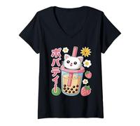 Donna Tè Kawaii Cat Boba Maglietta con Collo a V