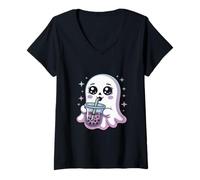 Donna Tè Kawaii Gothic Ghost Boba per Halloween Maglietta con Collo a V