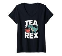 Donna Tea Rex Dinosauro che tiene tazza caffè umorismo Maglietta con Collo a V