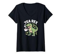 Donna Tea Rex dinosauro con foglie di tazza da tè Maglietta con Collo a V