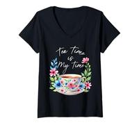 Donna Tea Time is My Time - Tazza da tè con motivo floreale ad acquerello, rilassante Maglietta con Collo a V