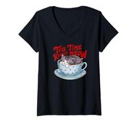 Donna Tea Time Right Meow, Gattino in Una Tazza Maglietta con Collo a V