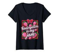 Donna Teacher Kindergarten is My Jam Strawberry Maglietta con Collo a V
