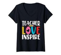 Donna Teacher Love Inspire - Insegnante Motivazionale per Il Ritorno a Scuola Maglietta con Collo a V