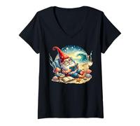 Donna Teacher Summer Gnome Dad Reading A Book On The Beach Lover Maglietta con Collo a V