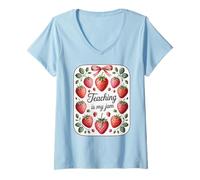 Donna Teaching Is My Jam Strawberry Teacher Team Crew Fun Maglietta con Collo a V
