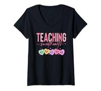 Donna Teaching Sweethearts Valentine Teacher Teaching Sweet Hearts Maglietta con Collo a V