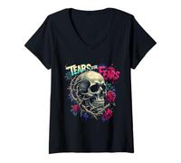 Donna Tears for Fears - Teschio gotico e rose, design estetico scuro Maglietta con Collo a V