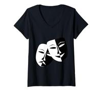 Donna Teatro Drammatico Maschere Commedia e tragedia Maglietta con Collo a V