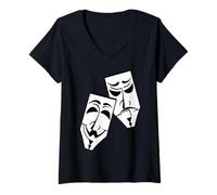Donna Teatro Drammatico Maschere Commedia e tragedia Maglietta con Collo a V