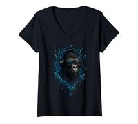Donna Techno House Electro Minimal Goa Psy Trance Acid Rave DnB Maglietta con Collo a V