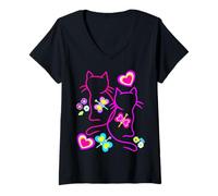 Donna Teenie Retro Gatti Gatti Fiori Bambina Bambina Bambini Bambini 80 Maglietta con Collo a V
