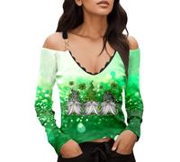 Donna temperamento bohemian stampa scollo a v metallo gemma condole cintura senza spalle maniche lunghe t-shirt sonno T Shirt, grigio., XL