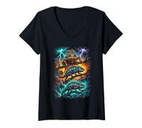 Donna Tempesta Camaleonte Fuoco Fulmine Fantasy Rettile Art Maglietta con Collo a V