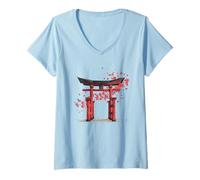 Donna Tempio Torii Giappone Sakura Cherry Blossoms Cultura Zen Maglietta con Collo a V