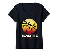 Donna Tenerife Retro Palm Tramonto Spiaggia Tropicale Maglietta con Collo a V
