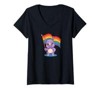 Donna Tenero Cucciolo Di Rinoceronte Bandiera Arcobaleno Maglietta con Collo a V