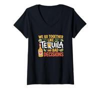 Donna Tequila And Bad Decisions Coppia Amico Divertente Bere Festa Maglietta con Collo a V
