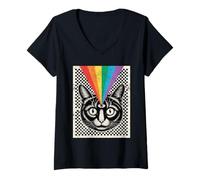 Donna Terzo Occhio Cat Rainbow Rays Trippy Optical Maglietta con Collo a V