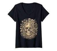Donna Teschio con Funghi E Wild Botanicals Vintage Art Maglietta con Collo a V
