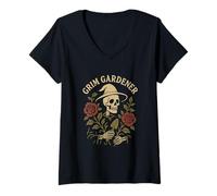 Donna Teschio da Giardino Gotico con Corona di Rose e Luna Crescente Maglietta con Collo a V