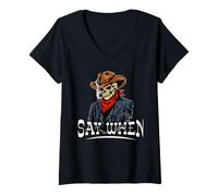 Donna Teschio di Cowboy - Say When Stile Gotico per Halloween Maglietta con Collo a V