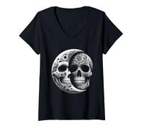 Donna Teschio di Luna Crescente - Teschio di Zucchero Celeste Gotico Maglietta con Collo a V