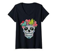 Donna Teschio di zucchero Halloween Calavera Dia De Los Muertos Maglietta con Collo a V