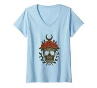 Donna Teschio Gotico con Rose Corona e Luna Crescente Design Maglietta con Collo a V