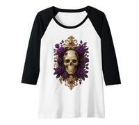 Donna Teschio Gotico con Rose Viola Originale Rock Dark Skull Maglia con Maniche Raglan