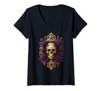Donna Teschio Gotico con Rose Viola Originale Rock Dark Skull Maglietta con Collo a V